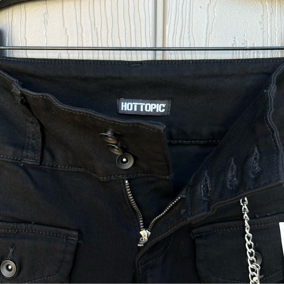 Hot Topic Black Cross Patch Side Chain Flare Pants Sz 3 Low Rise Gothic Stretch - Picture 10 of 16